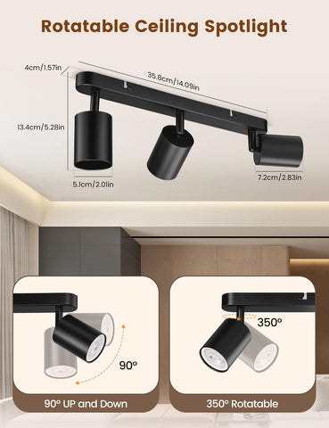 Rotatable ceiling spotlight with dimensions and features on a white background