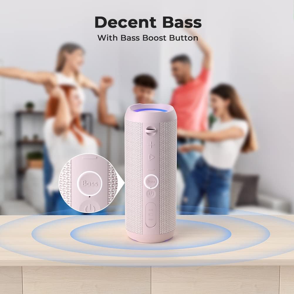 Bluetooth speaker with playtime indication on a light blue background