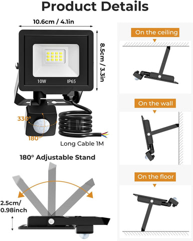 Security Lights Outdoor PIR Motion Sensor 10W LED Floodlight Waterproof for Garden Garage Patio