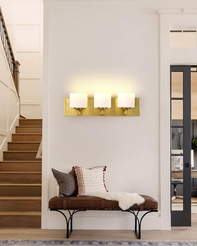 3-Light Matte Brass Bathroom Vanity Light with Frosted Glass Shades