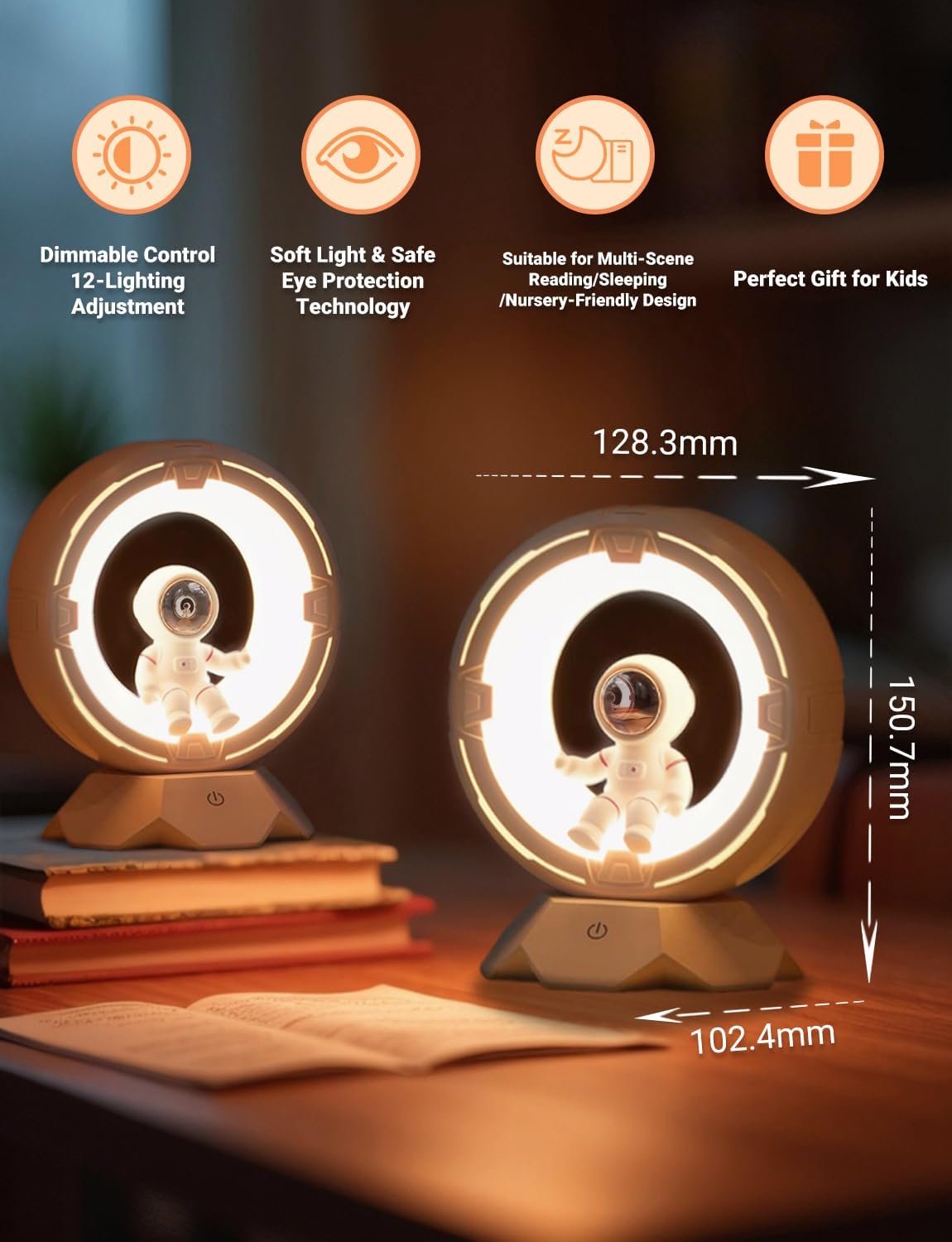 Two round night lights with an astronaut design on a wooden surface, featuring text about features and dimensions.