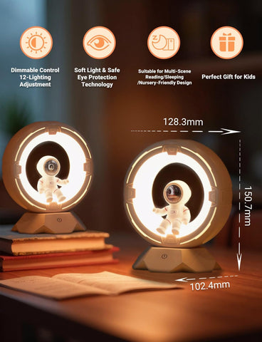 Two round night lights with an astronaut design on a wooden surface, featuring text about features and dimensions.