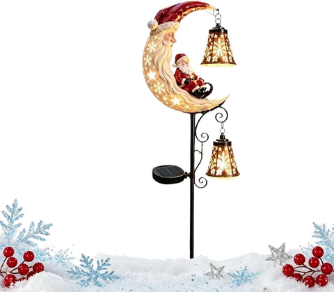Santa Solar Lights Outdoor Resin Christmas Moon LED Lights with Lantern