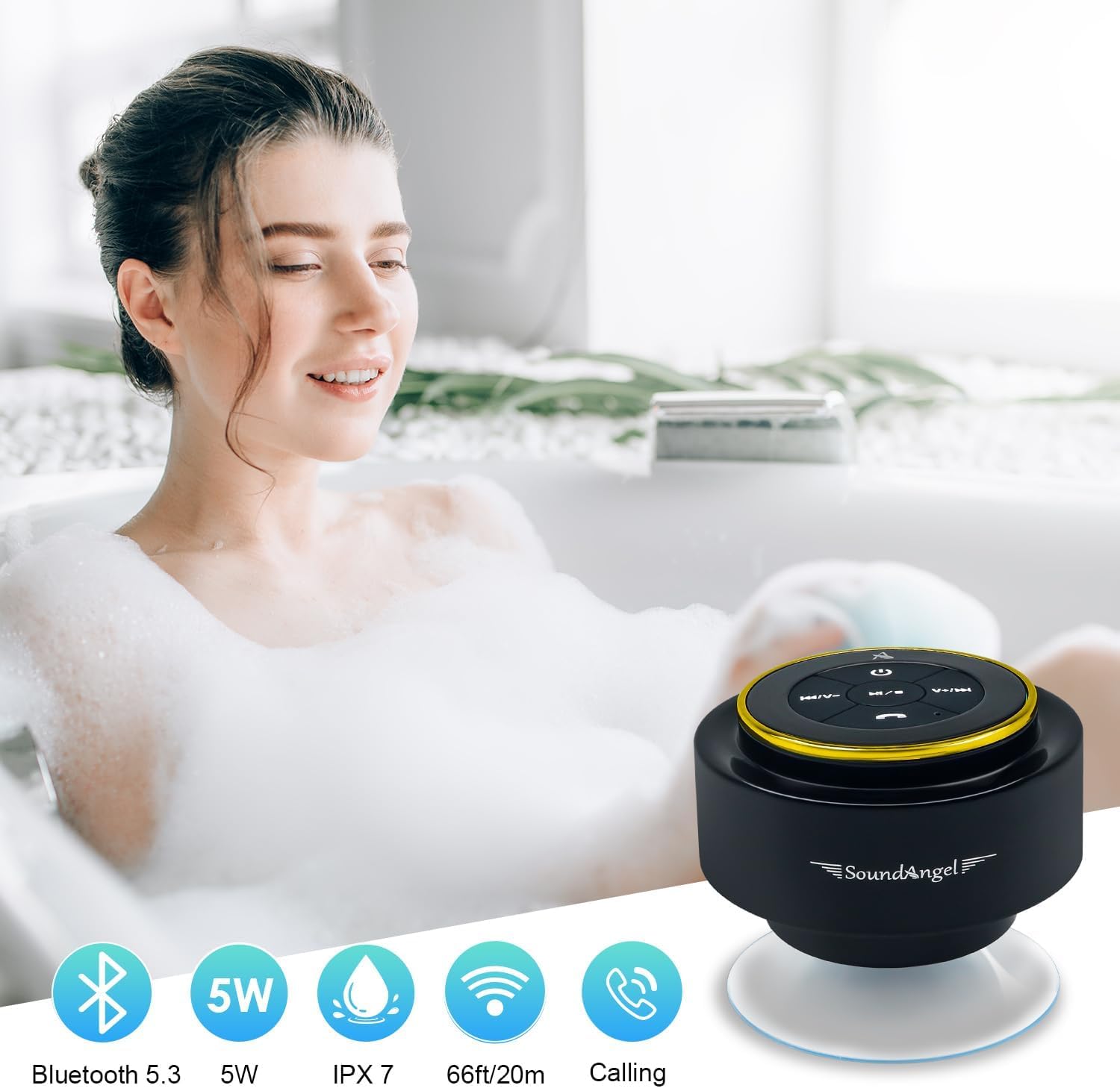 Woman in a bathtub with bubbles and a black Bluetooth speaker labeled 'SoundAngel' on a white background.
