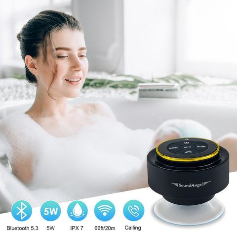 Woman in a bathtub with bubbles and a black Bluetooth speaker labeled 'SoundAngel' on a white background.