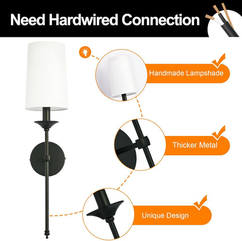 Hardwired Wall Light Set of 2 Vintage Black Candlestick Wall Sconces with Fabric Shade, Vintage Farmhouse Lighting for Bathroom Living Room Bedroom Dining Hallway
