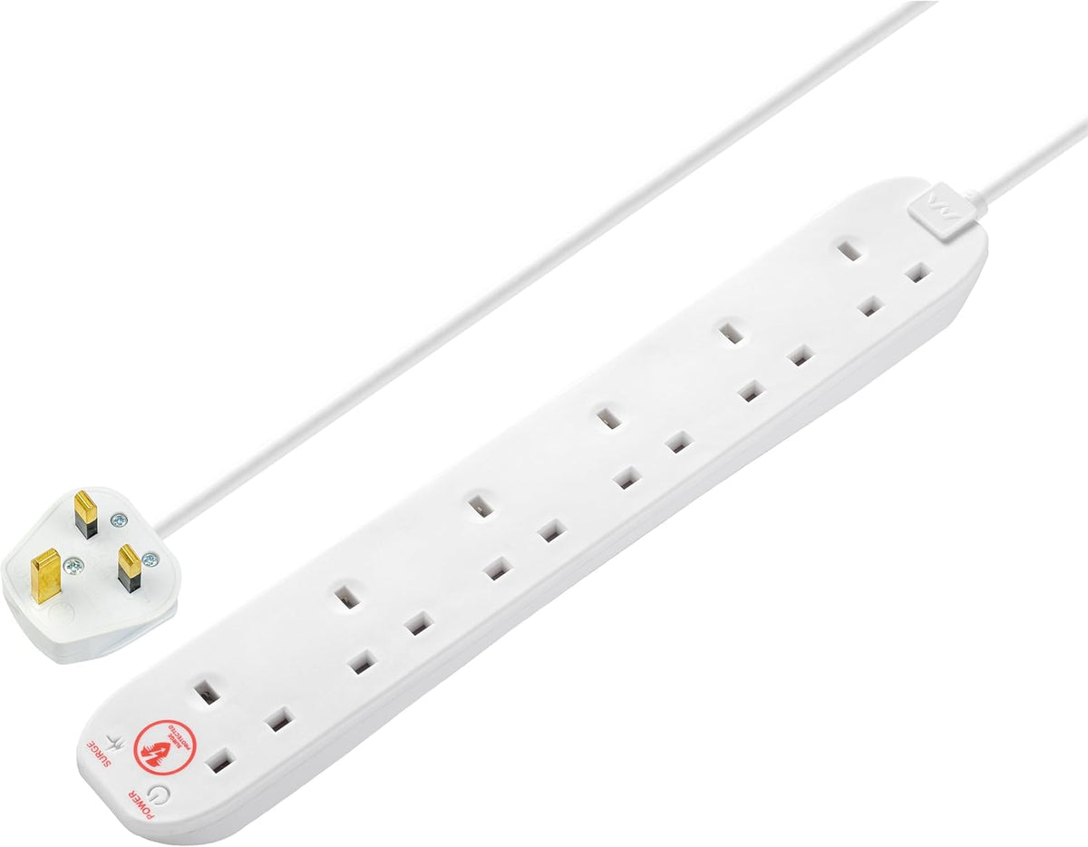 Masterplug Six Socket Extension Lead, 2 Metre Cable, Surge Protection, Power and Surge LED Indicators, Unswitched, 6 Way Plug Extension Cable, Power Strip, White, 13A, 6G, 2m, SRG62N