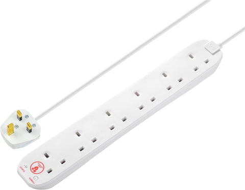 Masterplug Six Socket Extension Lead, 2 Metre Cable, Surge Protection, Power and Surge LED Indicators, Unswitched, 6 Way Plug Extension Cable, Power Strip, White, 13A, 6G, 2m, SRG62N