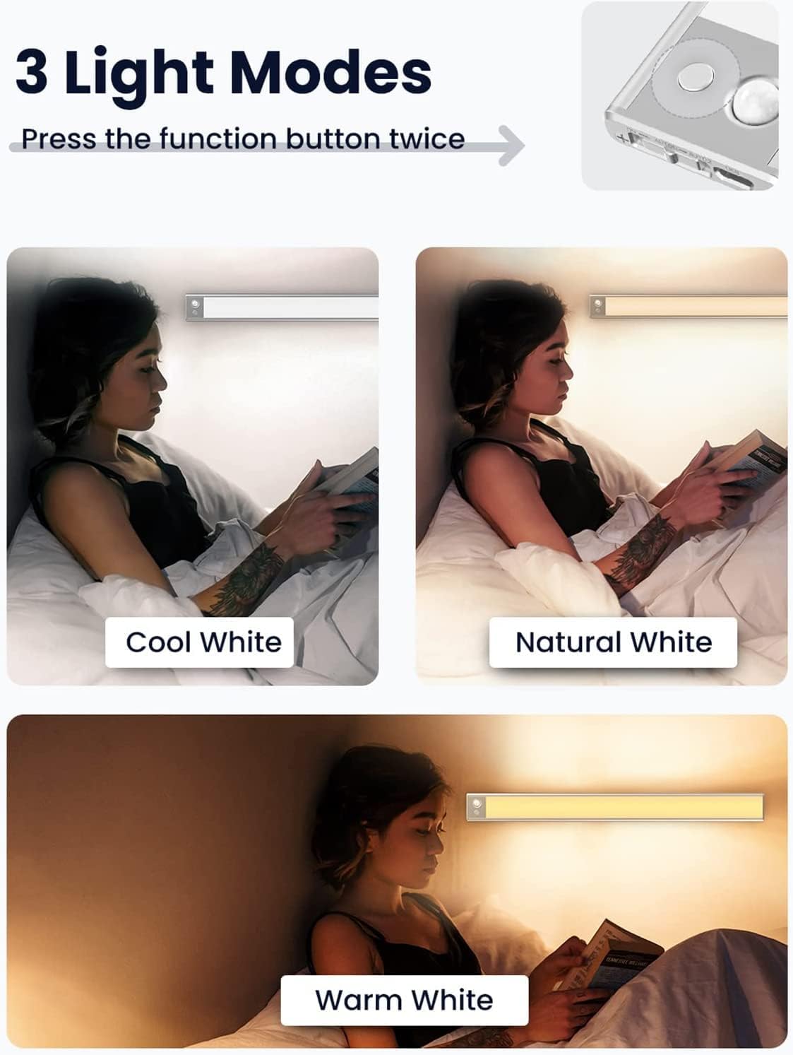Lighting mode demonstration with cool, natural, and warm white lights.