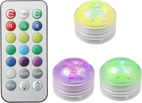 3Pcs Mini Submersible LED Lights with Remote Control – IP68 Waterproof RGB Pool, Vase & Aquarium Lights with 16 Colours