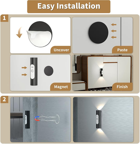 Motion Sensor Wall Lights Indoor - Rechargeable Battery Operated Wall Sconces with Remote Control, Wireless LED Wall Lamp for Hallway, Stair, Bedroom, Living Room, Black Metal, 2 Pack