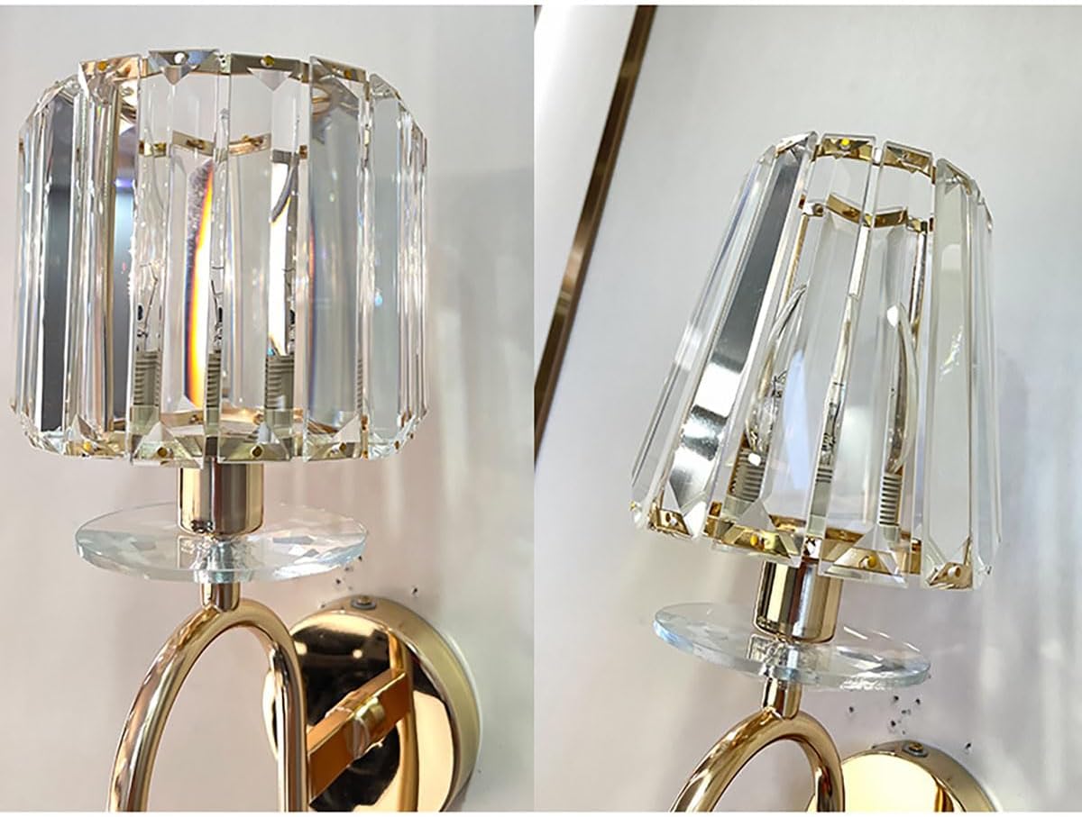 Two views of a decorative wall light fixture with crystal and gold accents.