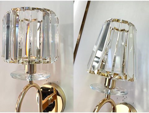 Two views of a decorative wall light fixture with crystal and gold accents.