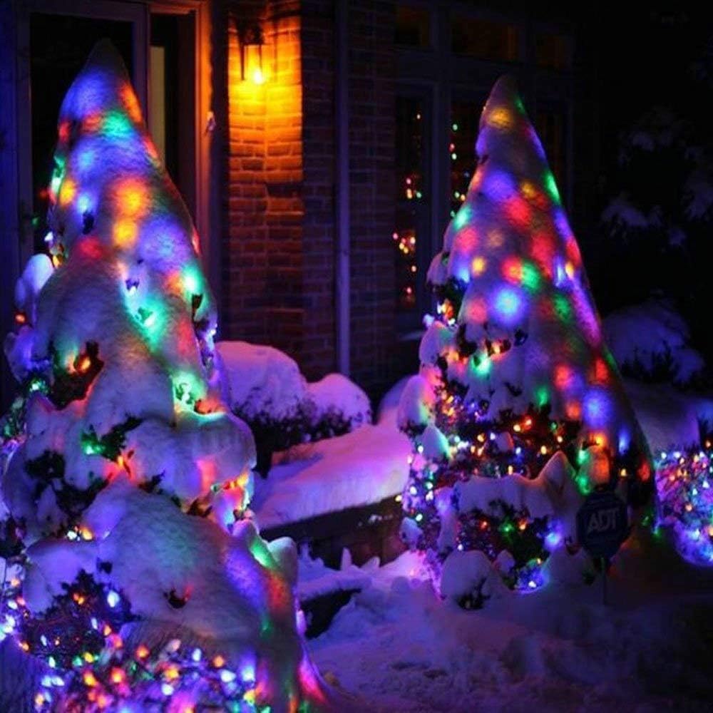 Two Christmas trees decorated with colorful lights in a snowy outdoor setting.