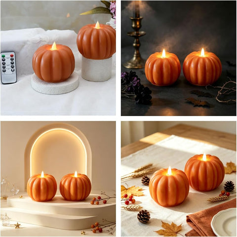 2 Pcs Pumpkin Flameless Candle with Remote, LED Battery Operated Real Wax 3D Flickering Pillar Candle, Autumn Halloween Thanksgiving Home Decoration Fall Gift for Indoor Farmhouse Decor