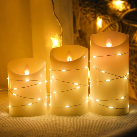 Flameless LED Wax Pillar Candles with Fairy Lights, Remote & Timer, Flickering Battery Operated Candle Set of 3 (4″/5″/6″)