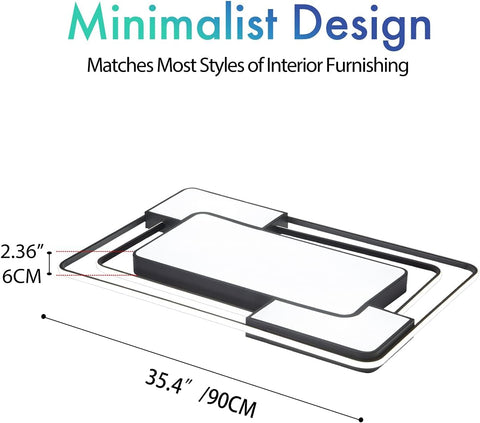 Rectangular black tray with dimensions labeled on a white background, featuring text about minimalist design and interior matching.
