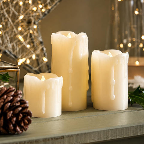 Festive Lights Set of 3 Real Wax Flameless LED Pillar Candles – Warm White Flickering Battery Operated Candles with Dripping Wax Effect for Home, Weddings & Events