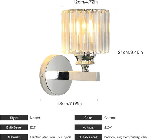 Modern Crystal Wall Light, E27 Silver Round LED Sconce for Bedroom & Hallway