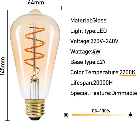 LED filament light bulb with dimensions and specifications on a white background