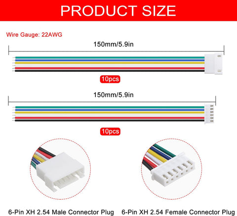 Lyeteung 10 Pairs Mini Micro JST-XH 2.54 Plug Connector, JST 6 Pin Micro Electrical Male and Female Connector Plug Wire Cable, with 150mm 22AWG Wire