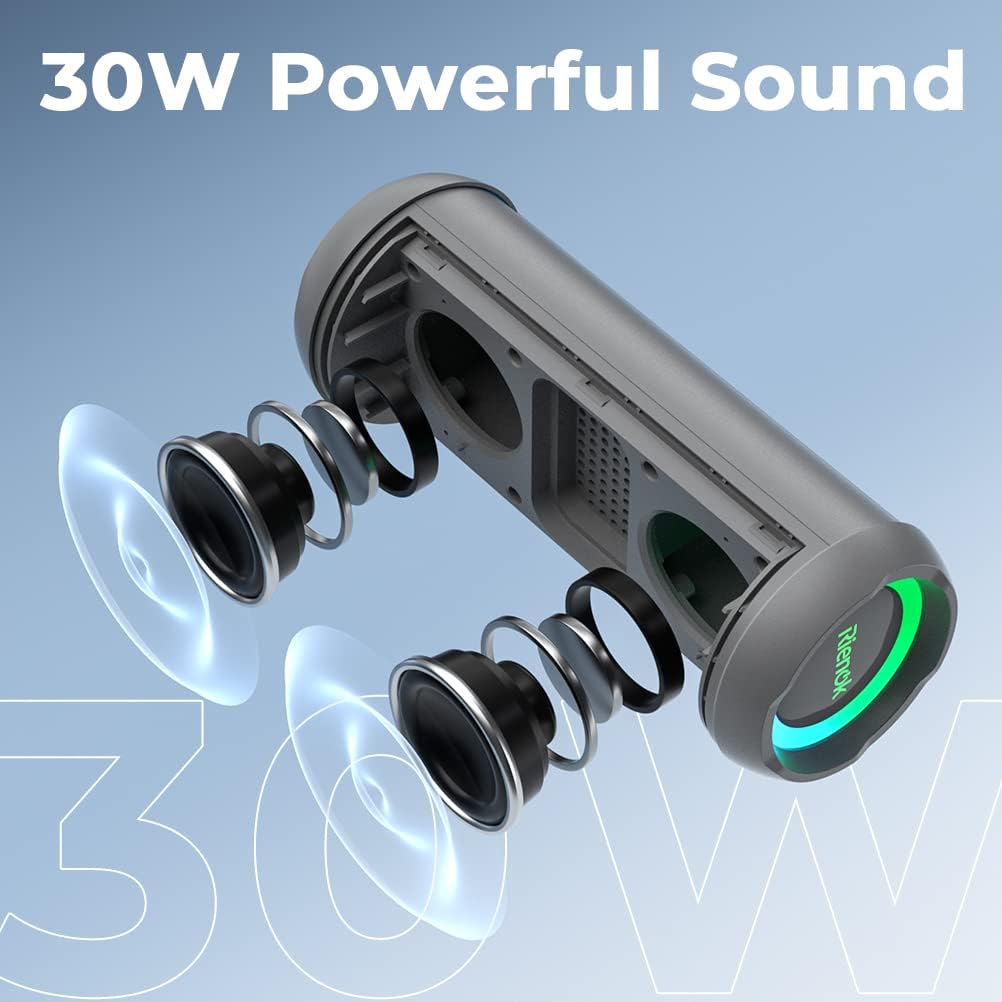 Portable speaker with '30W Powerful Sound' text on a light blue background