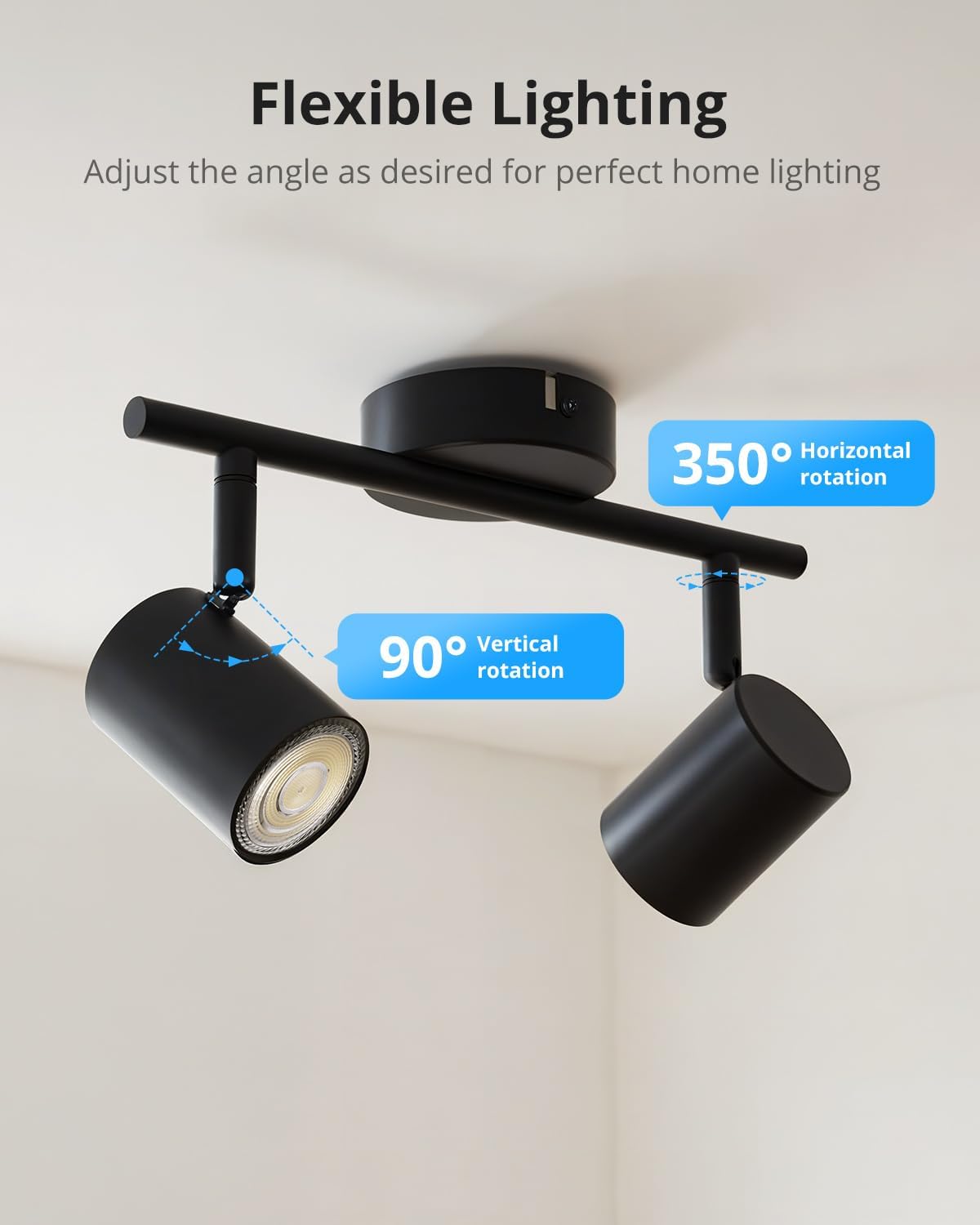 Black flexible ceiling light fixture with adjustable angles on a white background