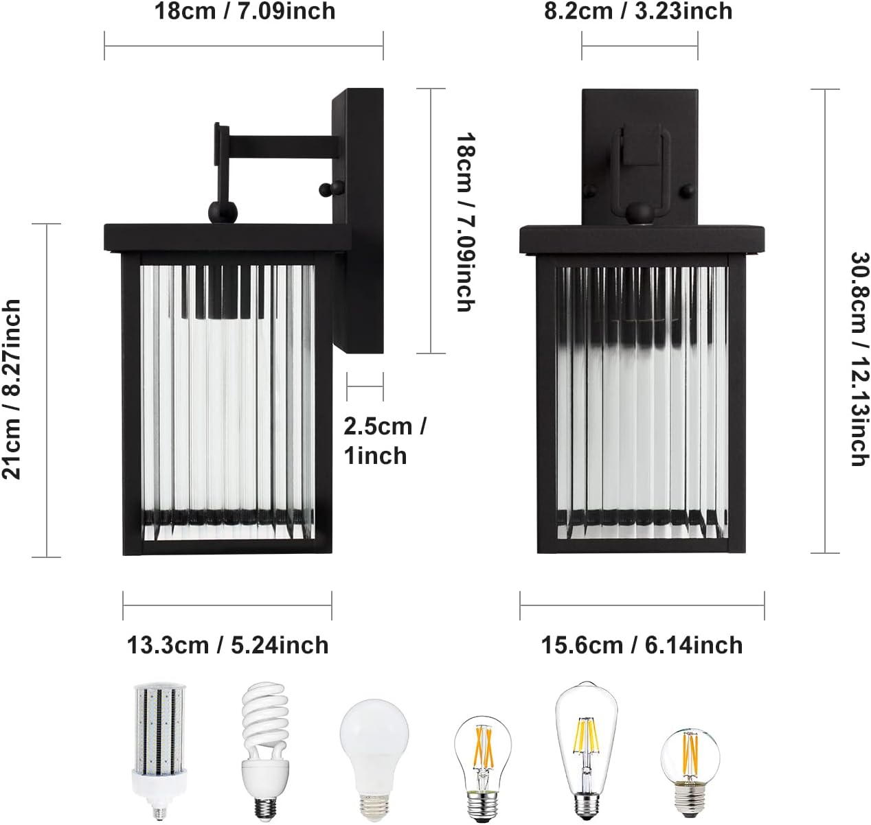 Dimensions and compatibility of outdoor wall lights with bulb sizes shown.