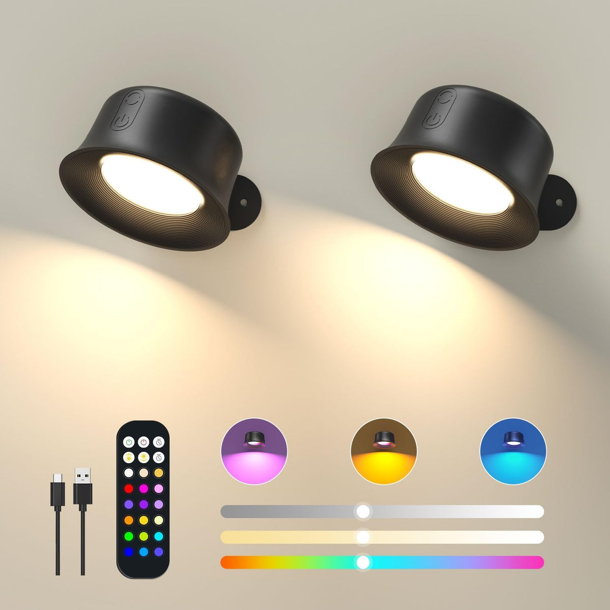 Wall Lights, 2 Pack LED Wall Lamp with 18 RGB Colors, 3200mAh Rechargeable Battery Operated, Touch and Remote Control, Dimmable Wireless Wall Sconces for Bedroom Indoor, Magnetic 360° Rotation