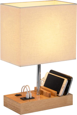 USB Bedside Table Lamp with 3 USB Charging Ports & Phone Charge Dock – Wooden Charging Station Desk Lamp with Device Organiser for Bedroom, Guest Room, Living Room & Office