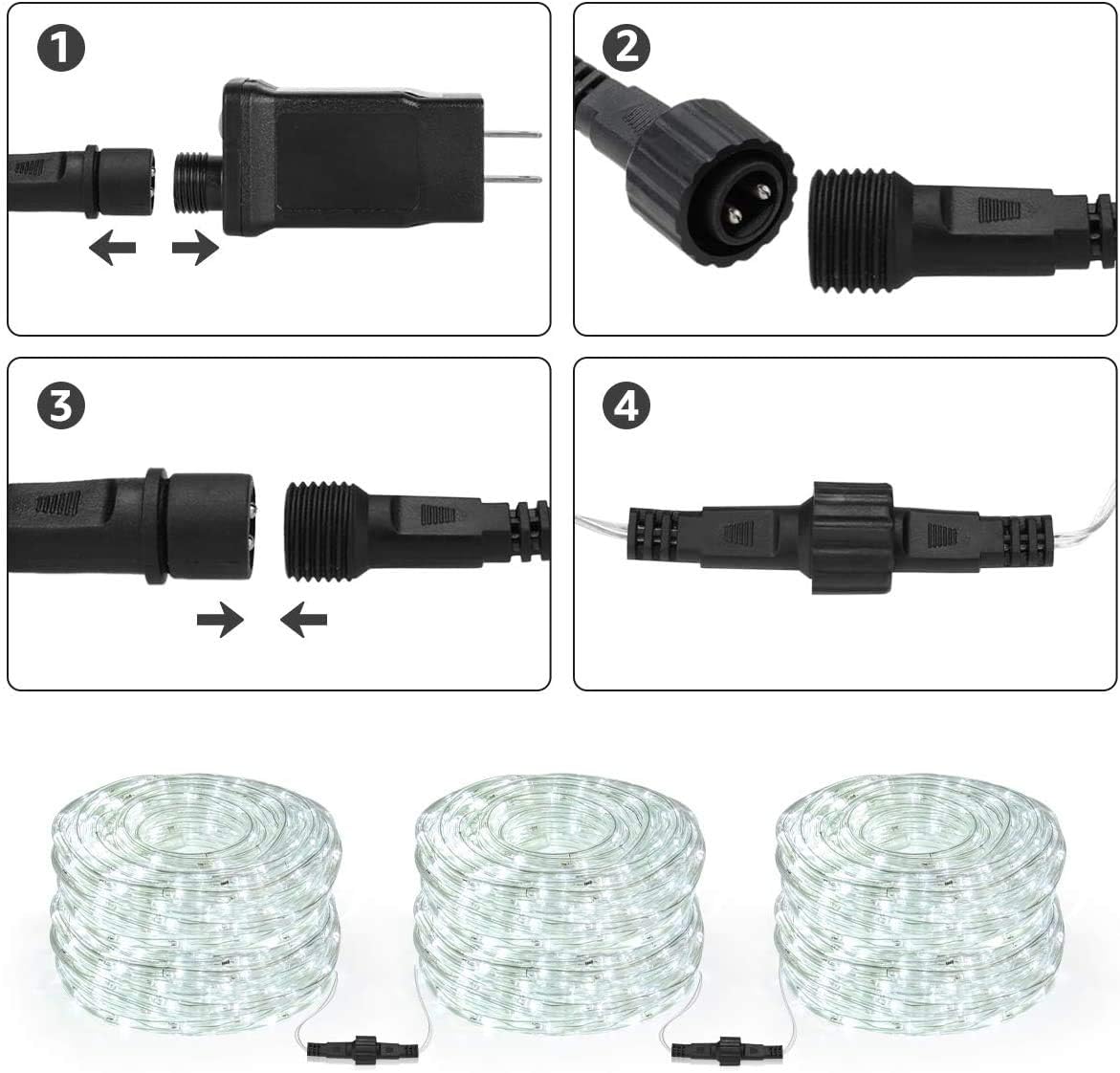 Step-by-step guide with connectors and LED strip lights on a white background