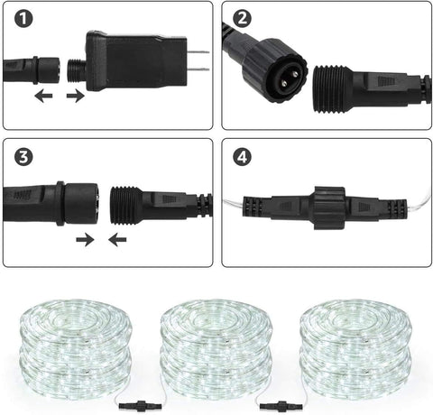 Step-by-step guide with connectors and LED strip lights on a white background