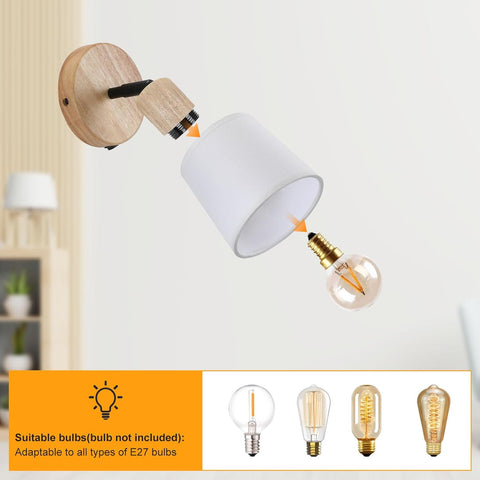 Wood Vintage Wall Light with Switch E27 Fabric Shade