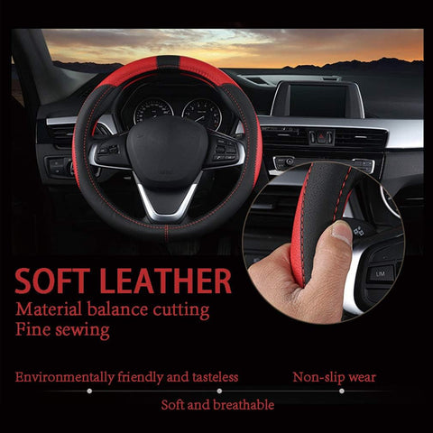 Leather Car Steering Wheel Cover 15 Inch – Black Red