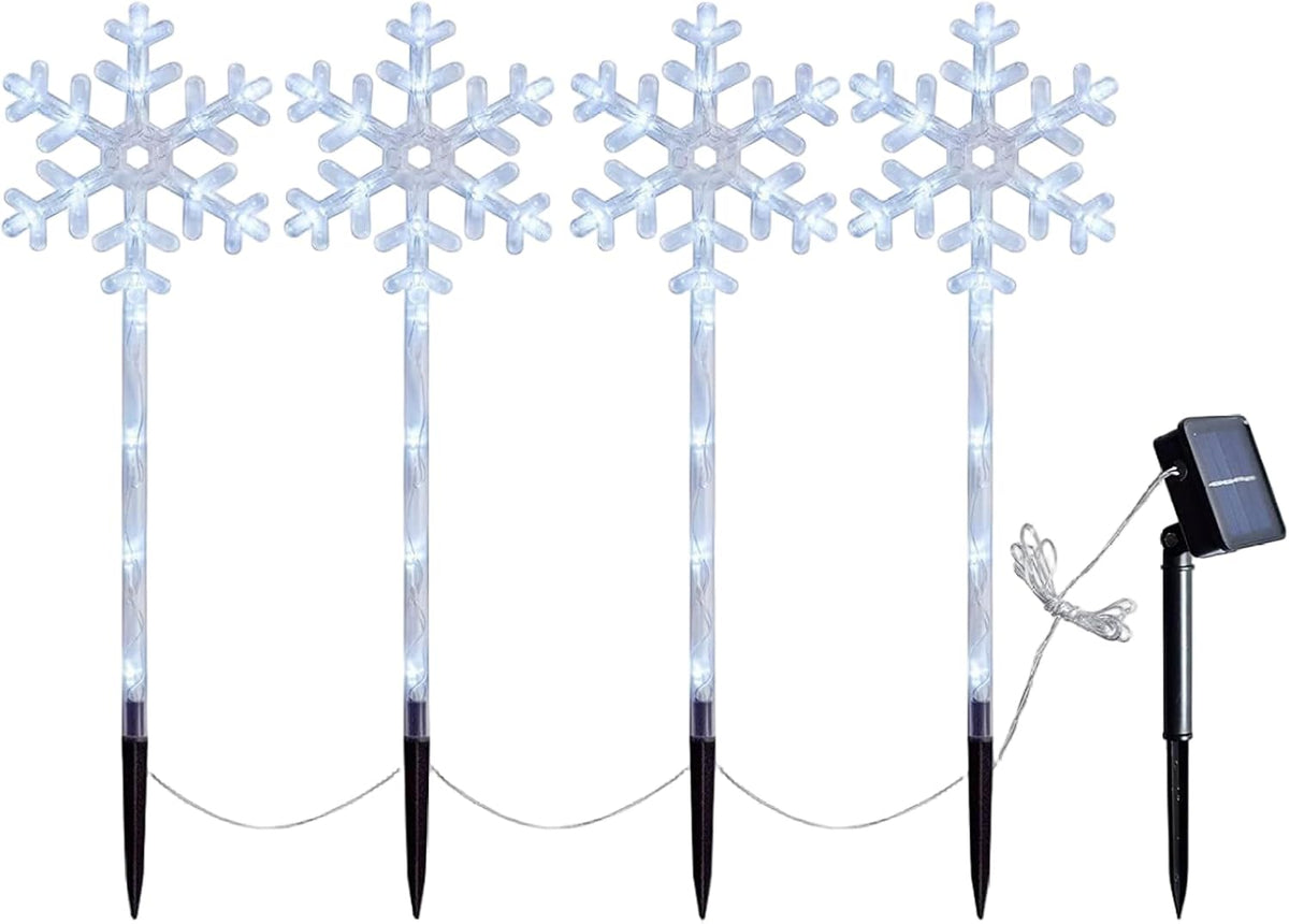 Solar Christmas Lights Outdoor 4Pcs Snowflake LED Christmas Pathway Lights with Stakes Waterproof Long-Lasting Sparkling for Patio Yard Porch Lawn Garden