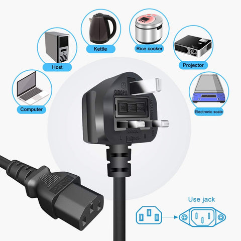 13A Fused 3 Pin Power Cable 1.5m for PC Monitor & TV