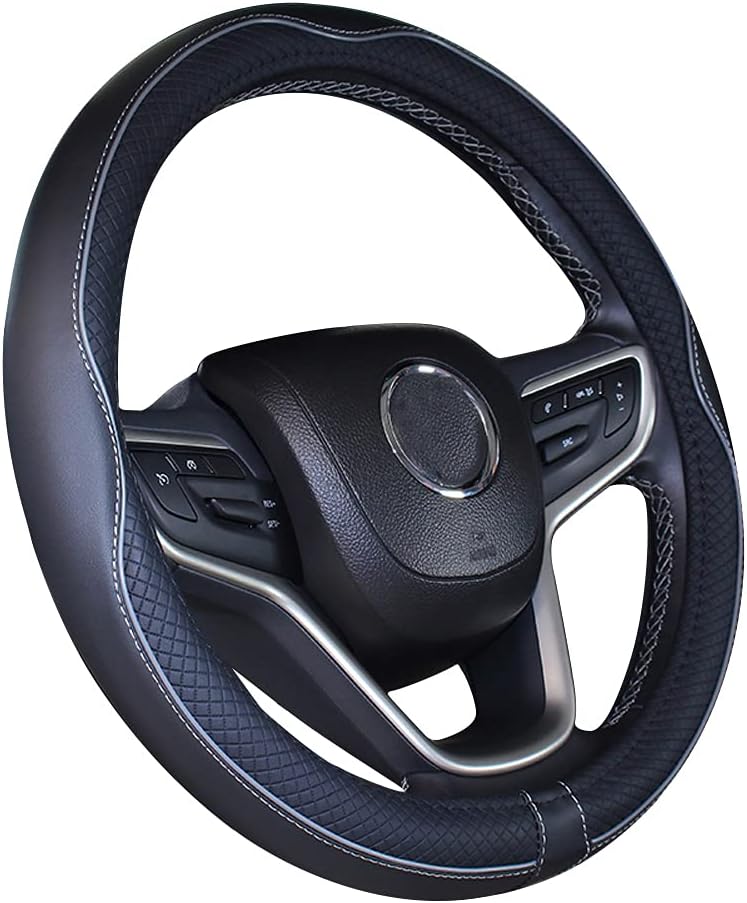 Microfiber Leather Car Steering Wheel Cover 15 Inch Black Gray