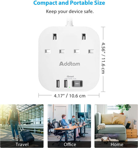 Addtam Extension Lead with 2 AC Outlets, 4 USB Ports & 1.6m Braided Cable – Keep Your Everyday Devices Charged Without the Desk Clutter