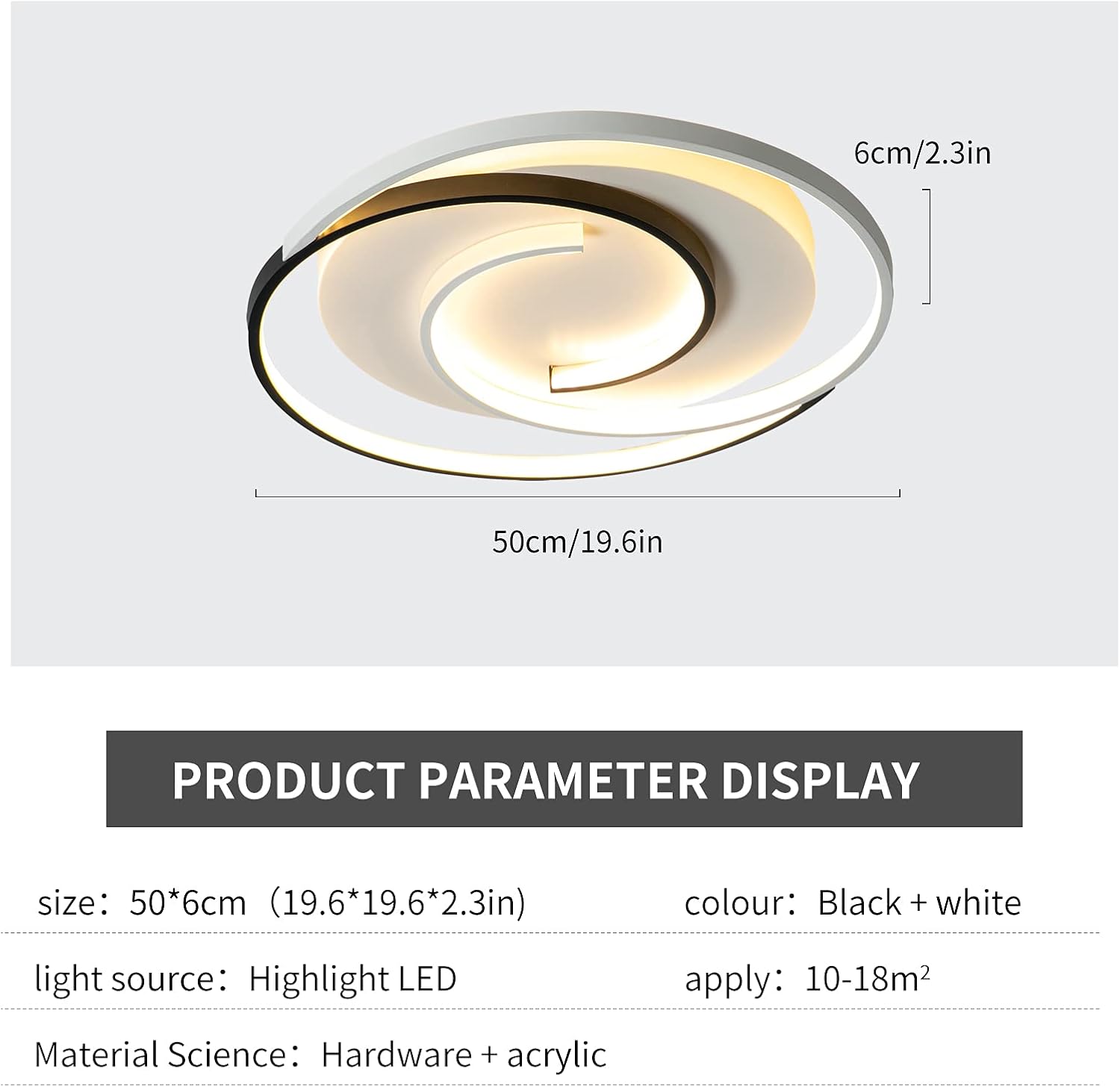 Ceiling light fixture with dimensions and product parameter display on a white background