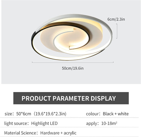 Ceiling light fixture with dimensions and product parameter display on a white background