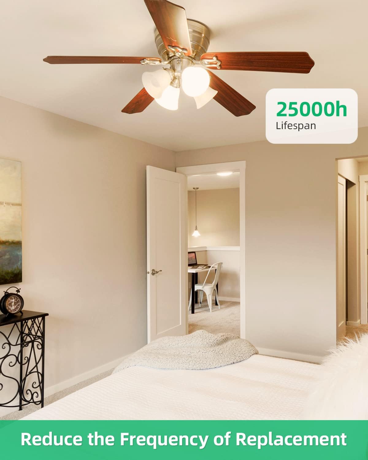 Ceiling fan in a room with a '25000h Lifespan' label and text about reducing replacement frequency.