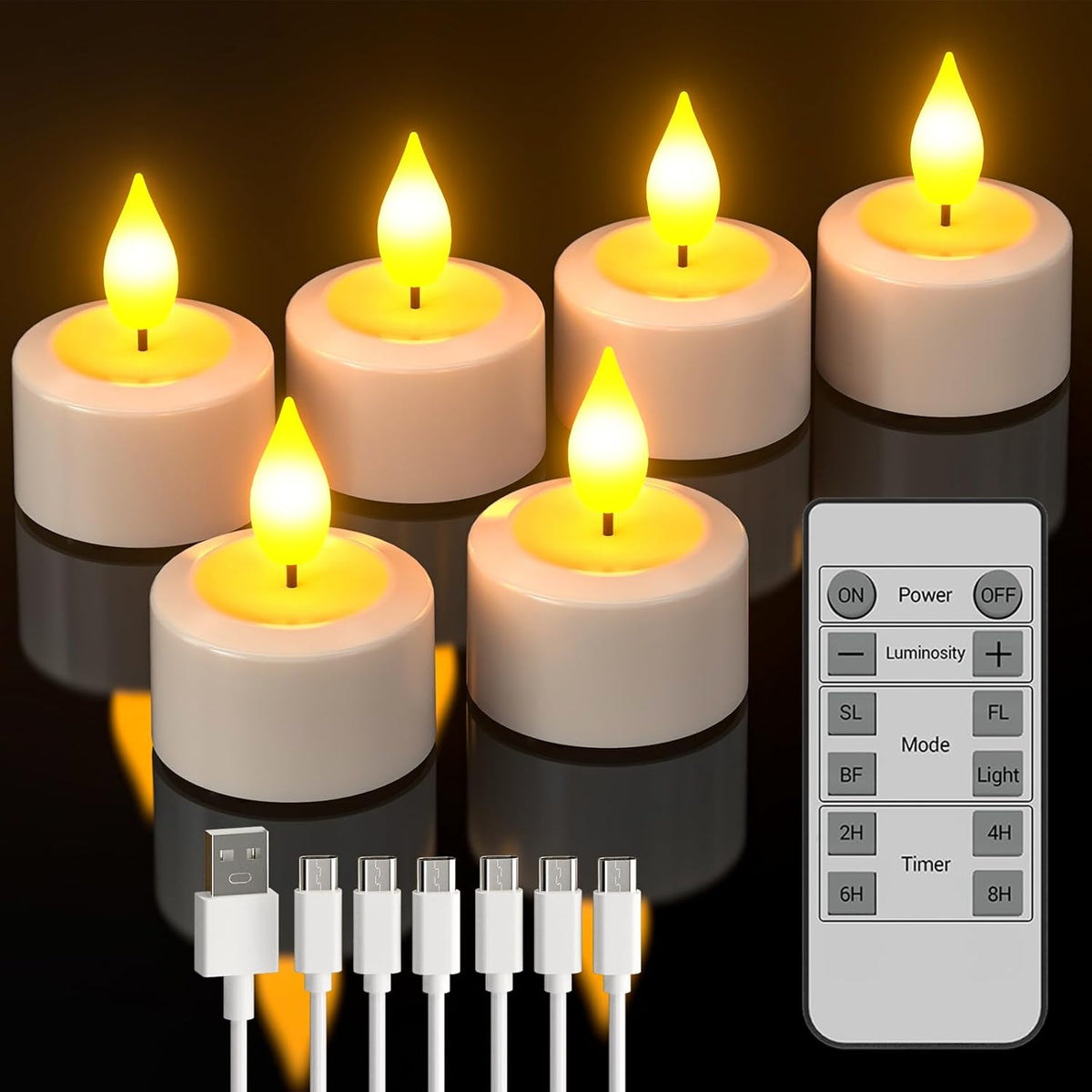 Rechargeable LED Tea Lights Set of 6, Flameless Electric Candles with USB-C Charging, Remote Control & Timer for Home, Bedroom & Festive Décor