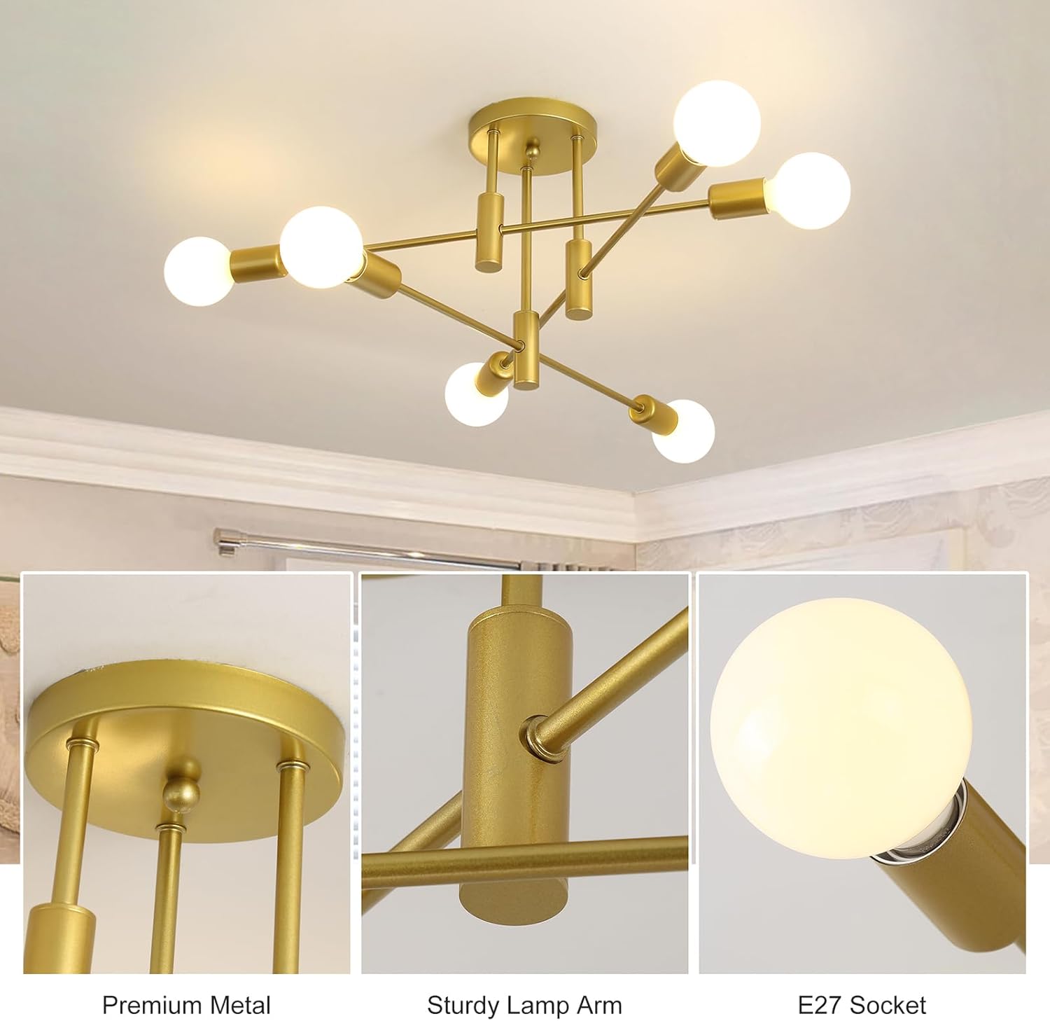 Gold ceiling lamp with multiple light bulbs on a ceiling, showing close-up details of metal components and bulb.