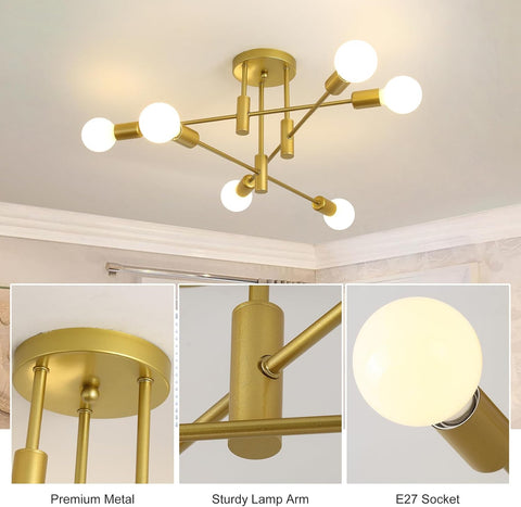 Gold ceiling lamp with multiple light bulbs on a ceiling, showing close-up details of metal components and bulb.