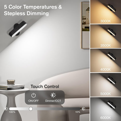 Black Wall Lights, Rechargeable Battery Operated Wall Sconces for Bedroom, LED Wireless USB Wall Lamps Indoor for Bedside, 5 Modes Stick on Magnetic Wall Light for Picture, 2 Pack