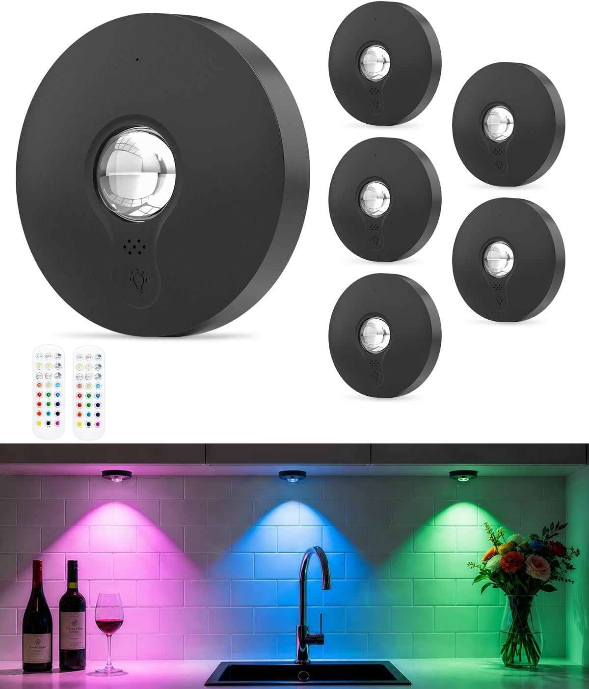 RGB Puck Lights with Remote, Rechargeable Under Cabinet Lighting – 6 Pack Wireless LED Stick-On Lights for Kitchen Cupboards, Wardrobes & Shelves - Put the Light Exactly Where Your Home Needs It