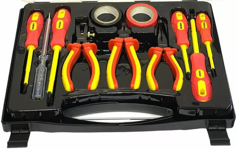 11PCS VDE Insulated Electricians Screwdriver Set with Tester, Pliers & Case – Red & Yellow Electrical Tool Kit UK