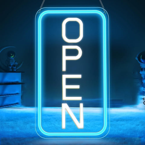 LED Neon Open Sign 16"x9" Ultra Bright, Dimmable USB Light Up Sign for Business Window, Shops, Bars, Restaurants, Vertical Blue/White