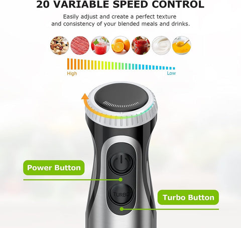 Hand Blender 2-in-1 Stick Blender with Whisk | 1000W Powerful Handheld Blender, 20-Speed + Turbo, Stainless Steel for Smoothies & Soups HB3204