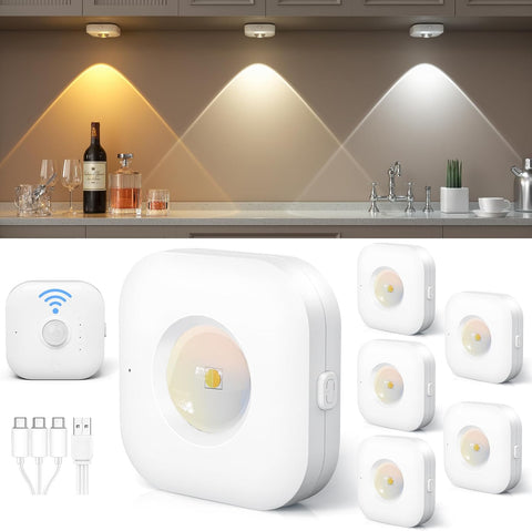 Wireless motion sensor indoor LED puck lights in UK kitchen


